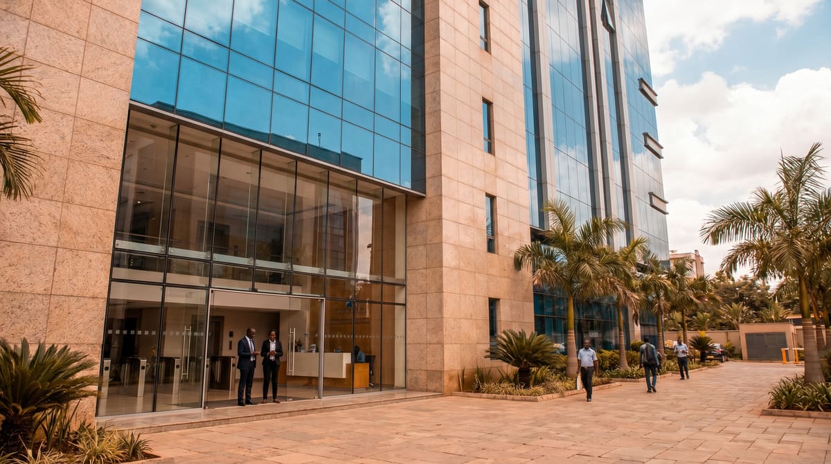 A Nairobi commercial tower entrance — a glass curtain wall, reception turnstiles and visitors arriving.
