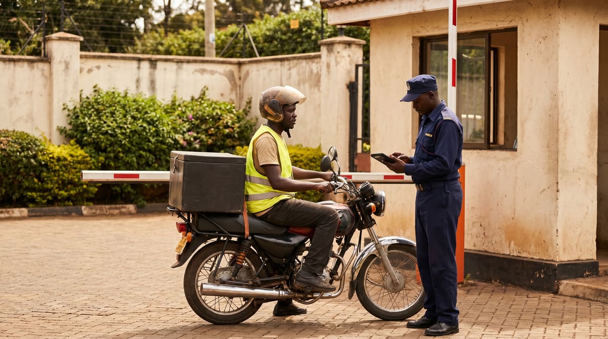 A boda-boda delivery rider at an estate gate while a guard logs the arrival on a tablet.