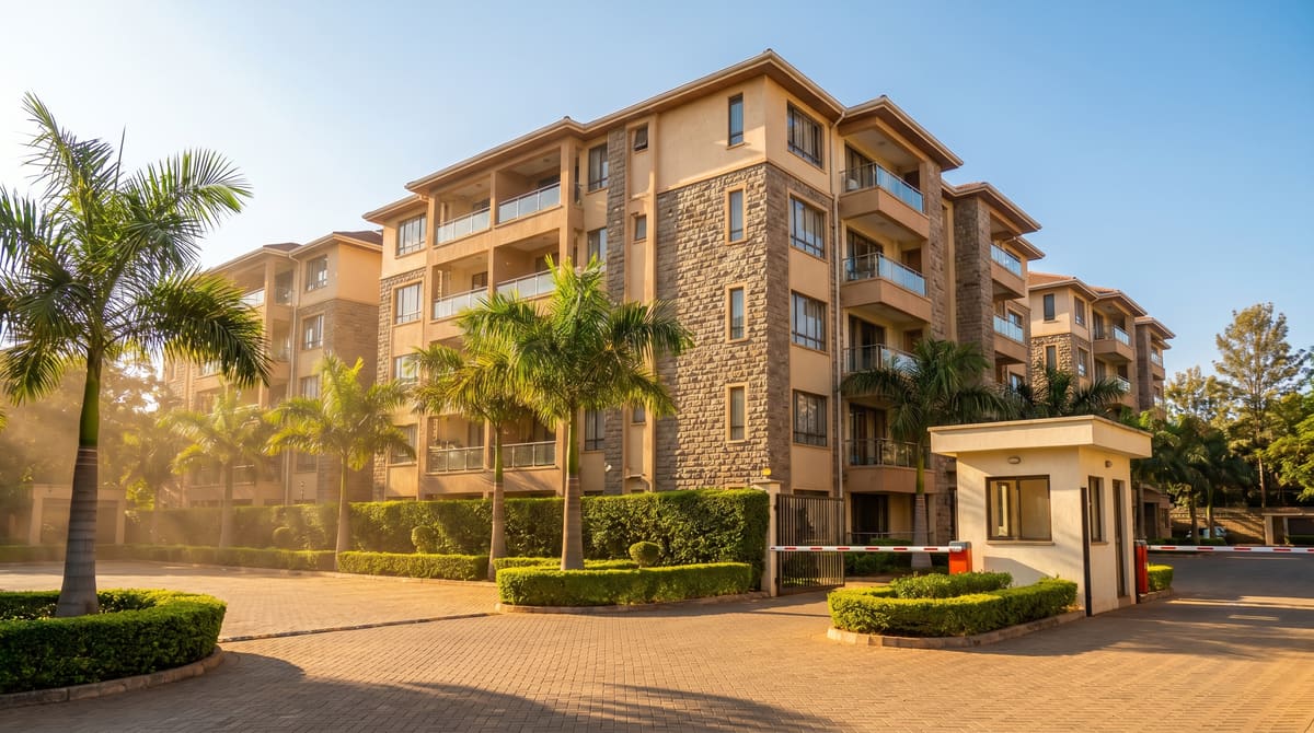 A gated Nairobi estate street — standalone tile-roof homes, jacaranda in bloom and a guarded entrance.