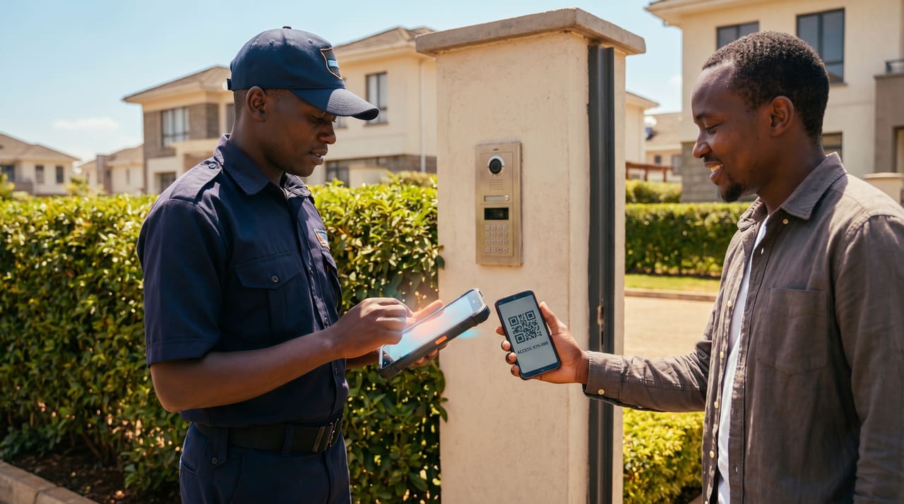 Two estate security guards reviewing a shift handover on a tablet at the gate at dawn.