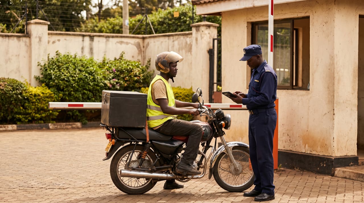 A hand holding a phone showing an M-Pesa levy payment confirmation beside a handwritten accounts ledger.