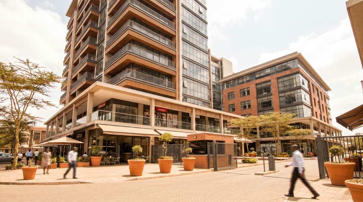 A Nairobi mixed-use development — apartments above ground-floor retail, with pedestrians and a controlled forecourt.