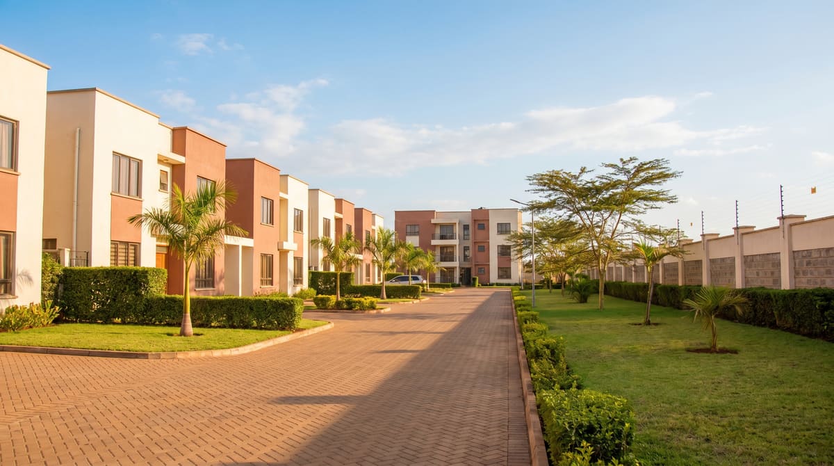 A landscaped Kenyan gated estate — a row of terraced homes along a paved interior drive.