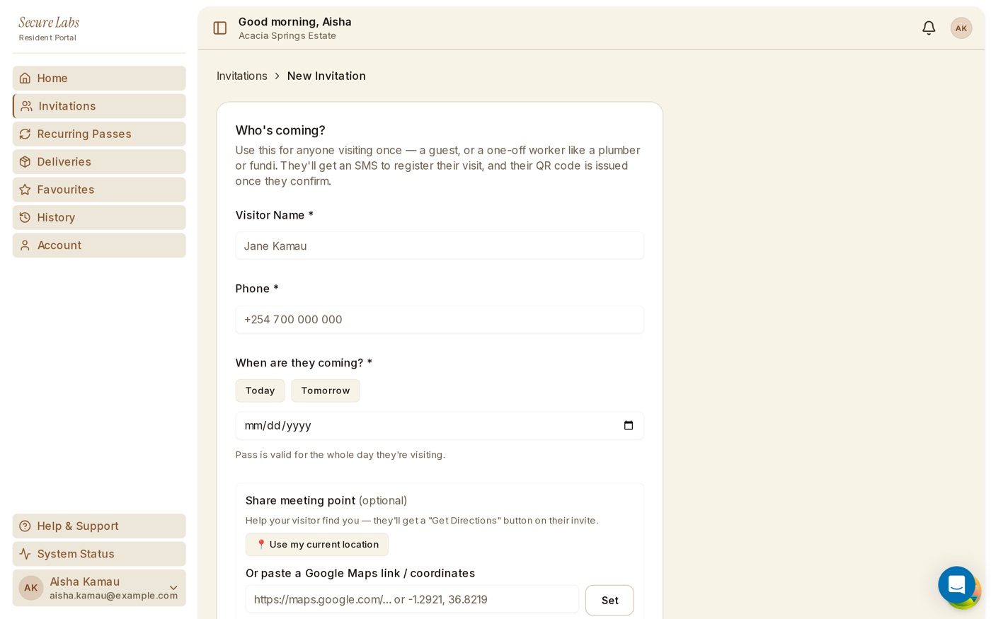 Resident app screen for creating a visitor invitation with date and time window