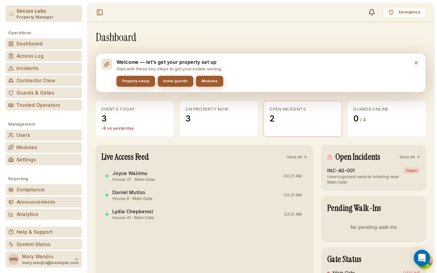 Secure Labs property manager dashboard showing live gate activity, occupancy and alerts