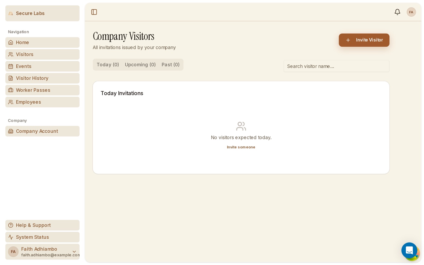 Company visitor management screen listing staff-issued passes and visitor arrivals for an office tenant