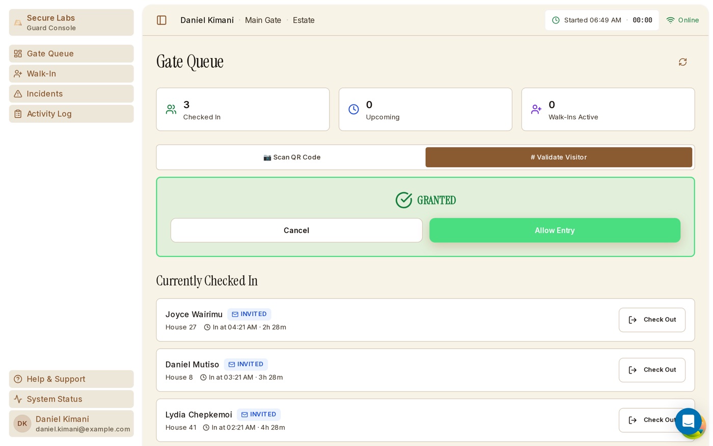 Guard gate screen confirming a visitor entry is granted after code validation