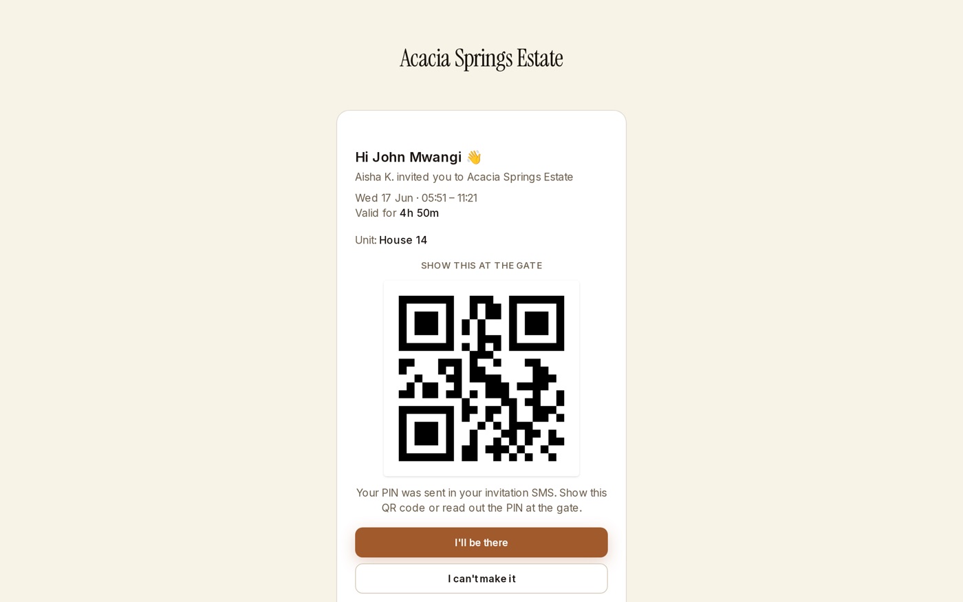 Visitor invitation web page showing the estate branding, QR code and entry PIN